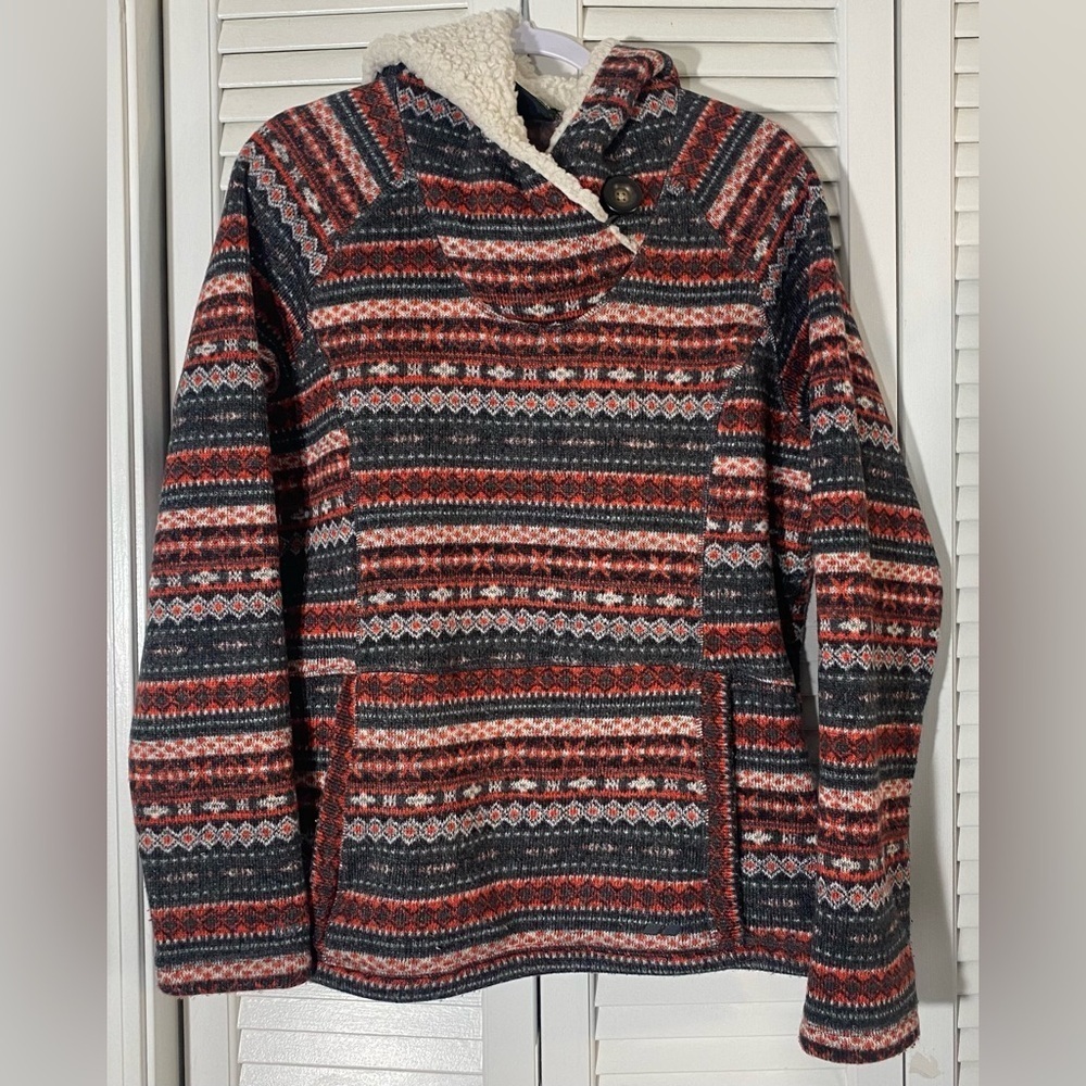 Sherpa Fleece Hoodie Koppen Sweater Size XL Red/Black Striped Hooded Pocket
